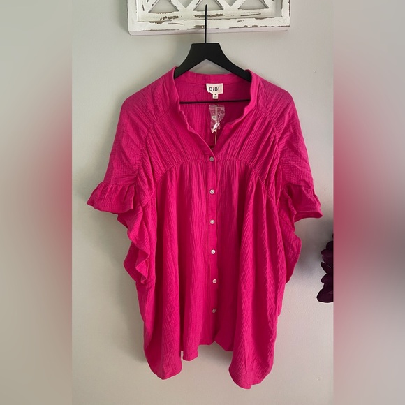 New Bibi Loose Fit Wrinkle Gauze Top 100% Cotton In Fuchsia Size M - Picture 2 of 11